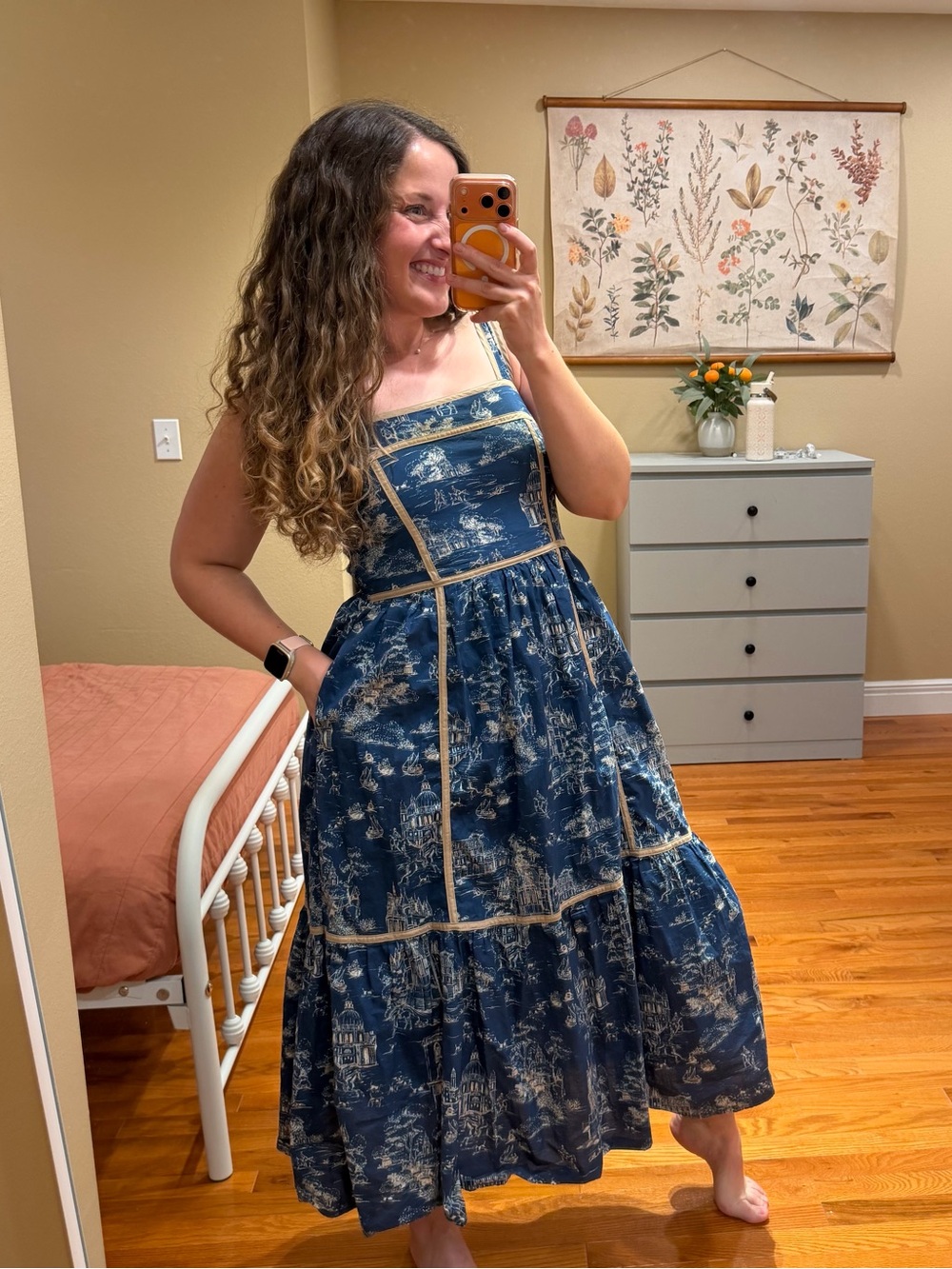 Tuckernuck Entro Printed Navy Blue Toile Midi Dress with Cream Trim Medium